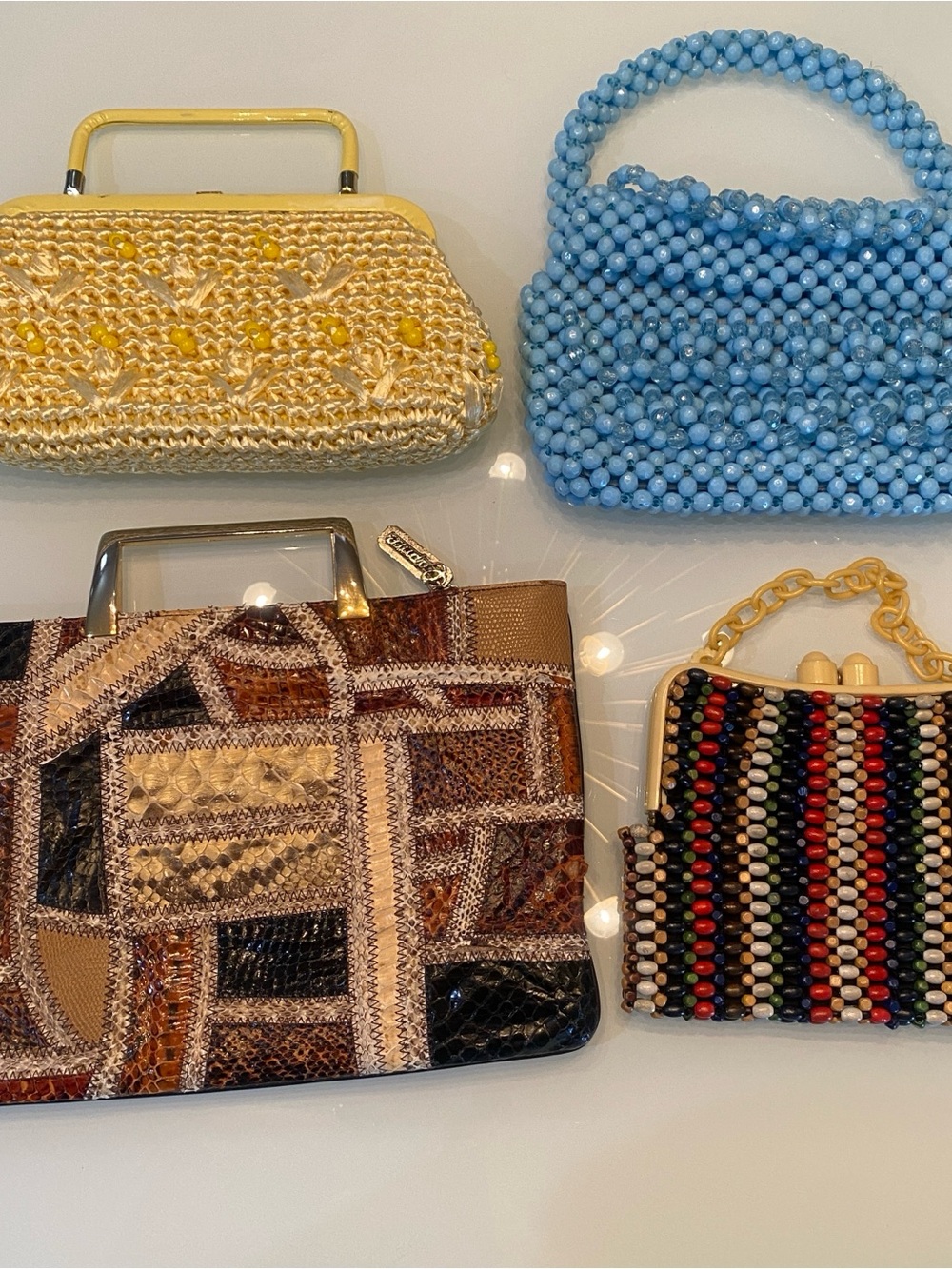 Vintage Purse Lot of 4: Caprice Patchwork Snakeskin + Straw & Beaded Bags AS-IS